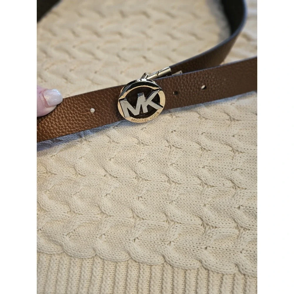 Michael Kors Signature Reversible Leather Belt W Mk Gold/Silver Buckle Sz Small